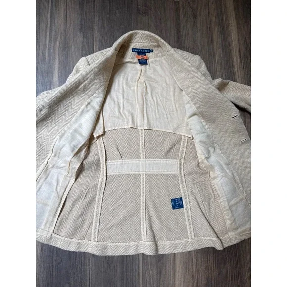 Ralph Lauren Tan Herringbone Blazer Women's Size 2 Cotton/Silk Blend Equestrian - Picture 7 of 7